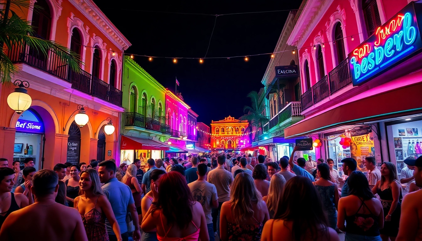 Experience the vibrant san juan party scene with joyous dancers amidst neon lights.