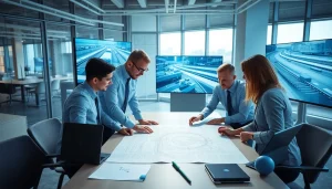 Railroad Design Consultants reviewing project plans in a modern office environment