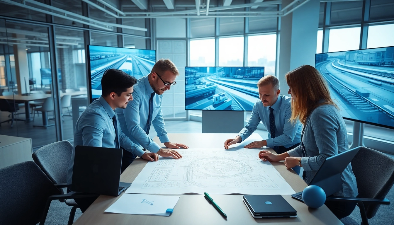 Railroad Design Consultants reviewing project plans in a modern office environment