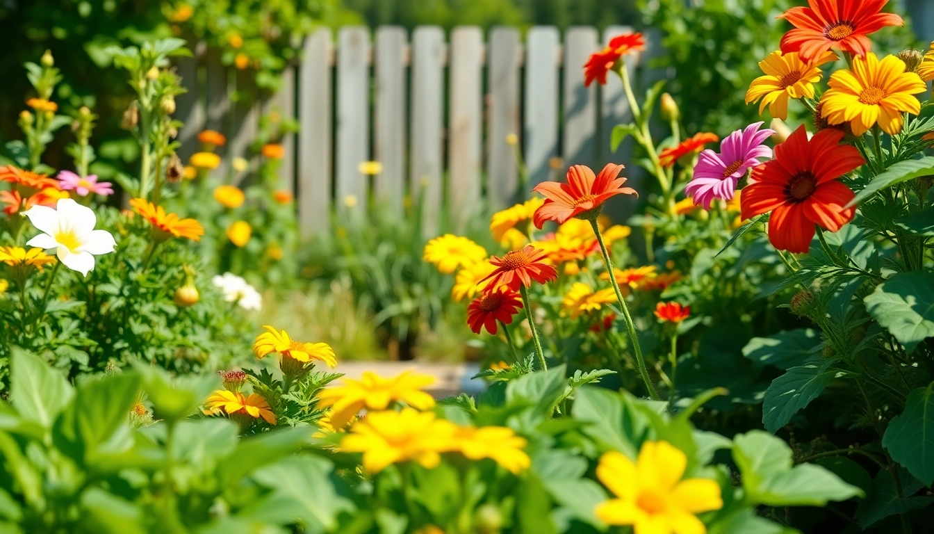 Gardening with blooming flowers and lush vegetables in a vibrant backyard garden.