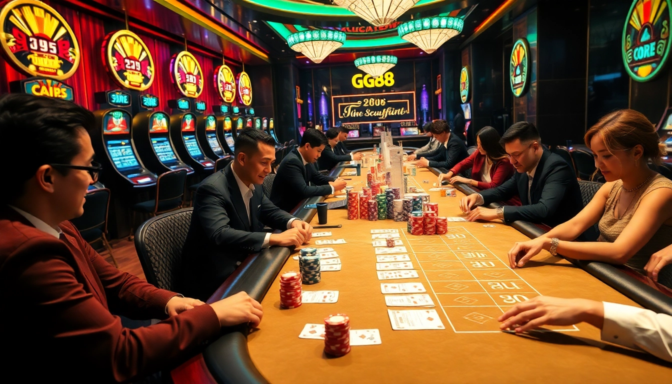 Intensely focus on players enjoying games at GG88's luxurious casino tables, showcasing excitement and professionalism.