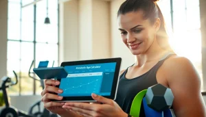 Calculate your metabolic age calculator while exercising in a vibrant gym setting with a sleek tablet.