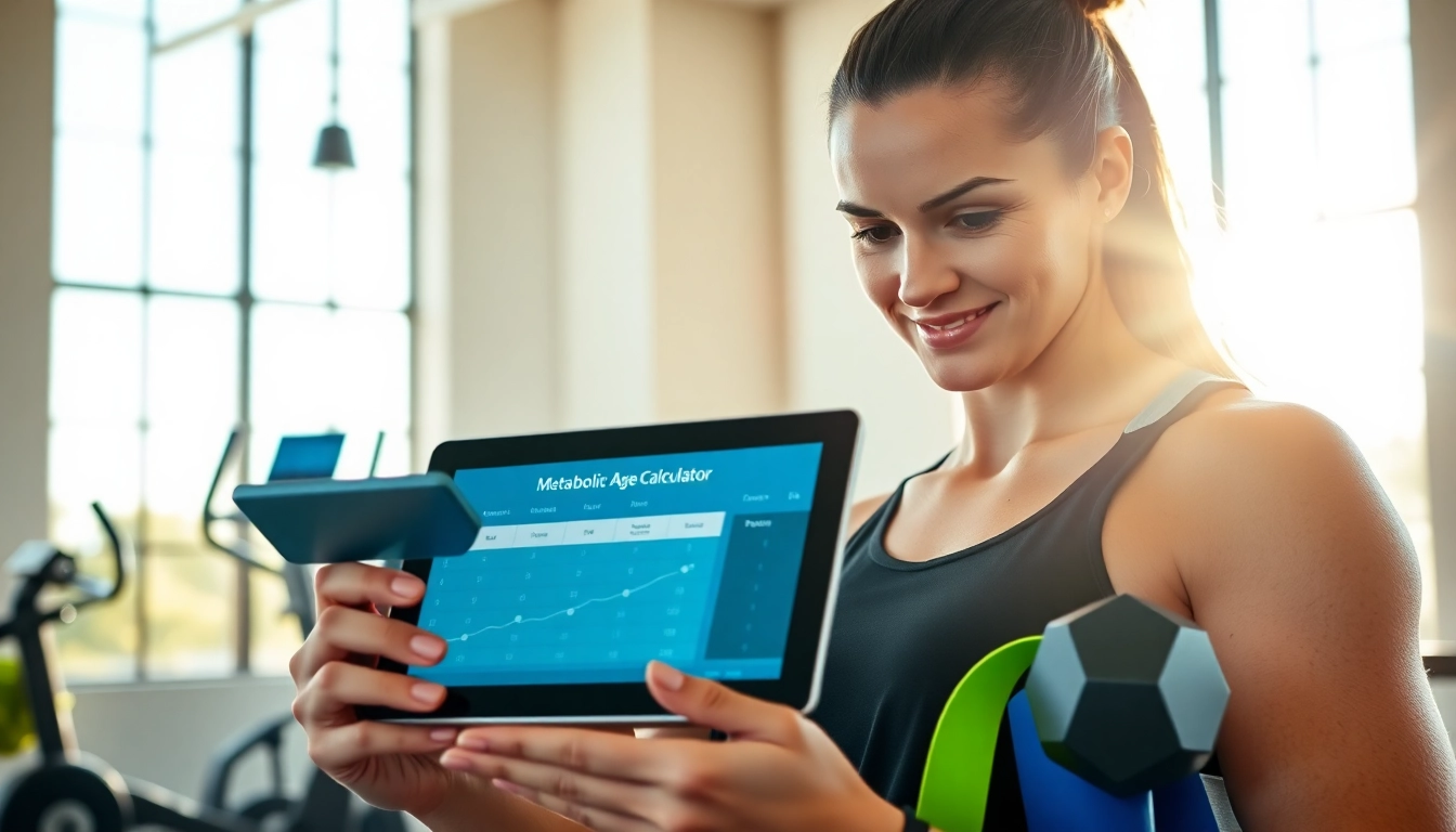 Calculate your metabolic age calculator while exercising in a vibrant gym setting with a sleek tablet.