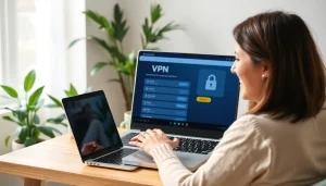 A user happily downloads a vpn download free, showcasing VPN software on a laptop.