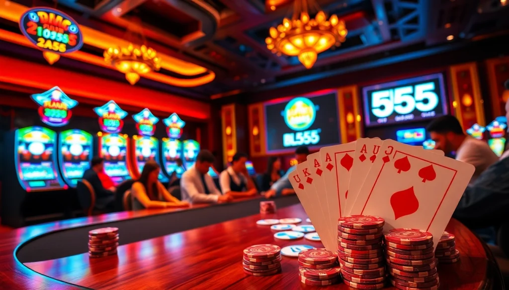 Experience the excitement of Bl555 with a high-stakes poker game and vibrant slot machines.