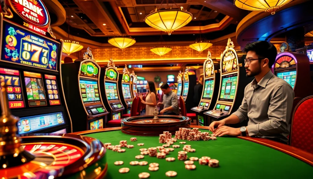 Nổ Hũ slot machines spinning with excitement in a luxurious casino atmosphere