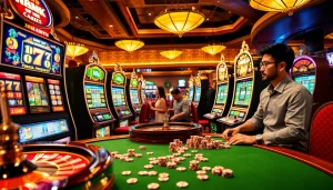 Nổ Hũ slot machines spinning with excitement in a luxurious casino atmosphere