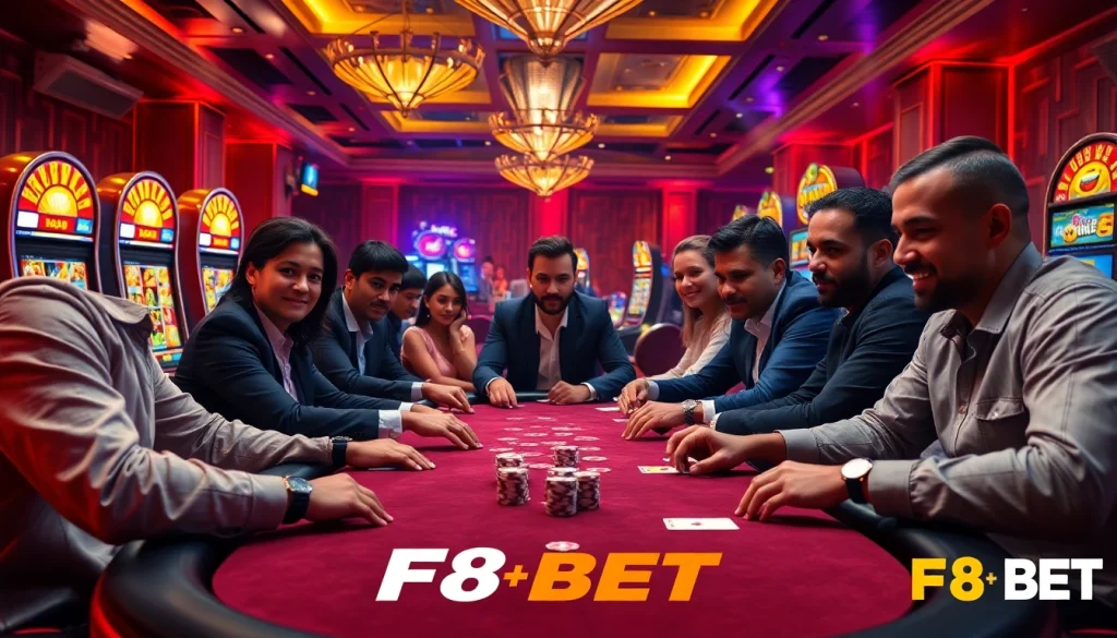 Engaged players enjoying poker at a F8 BET branded casino table, capturing a thrilling gambling atmosphere.