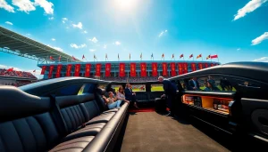 World Cup Group Transportation featuring a luxury limousine with fans celebrating outside a stadium.