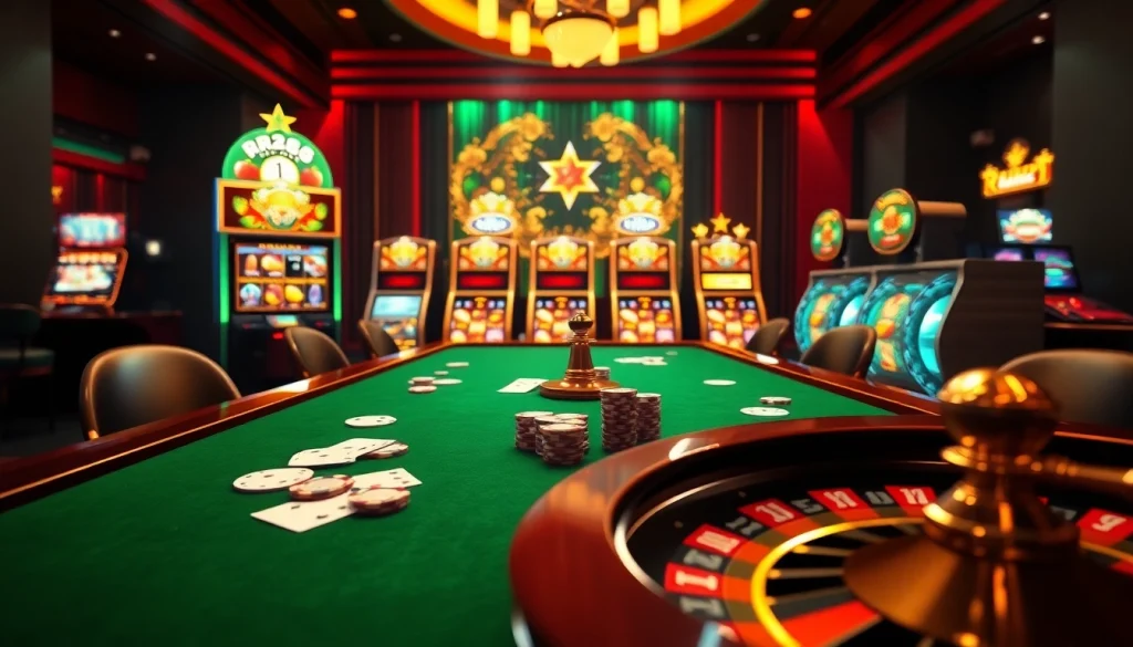 Experience the thrill of RR88 with vibrant slots and poker chips in a luxurious casino setting.