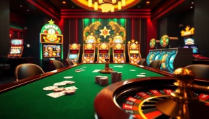 Experience the thrill of RR88 with vibrant slots and poker chips in a luxurious casino setting.