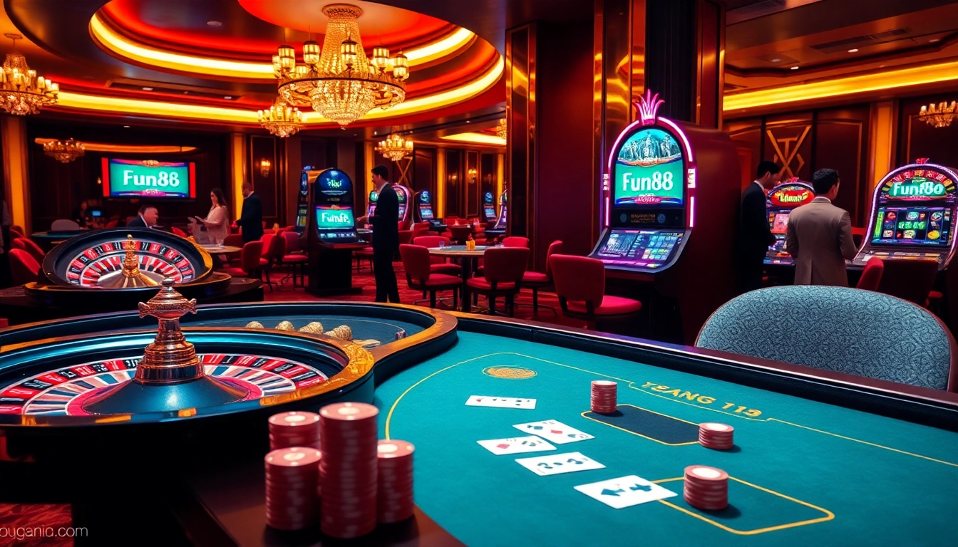 Engage in thrilling gameplay at fun88 ทางเข้า with vibrant casino tables and exciting slot machines.