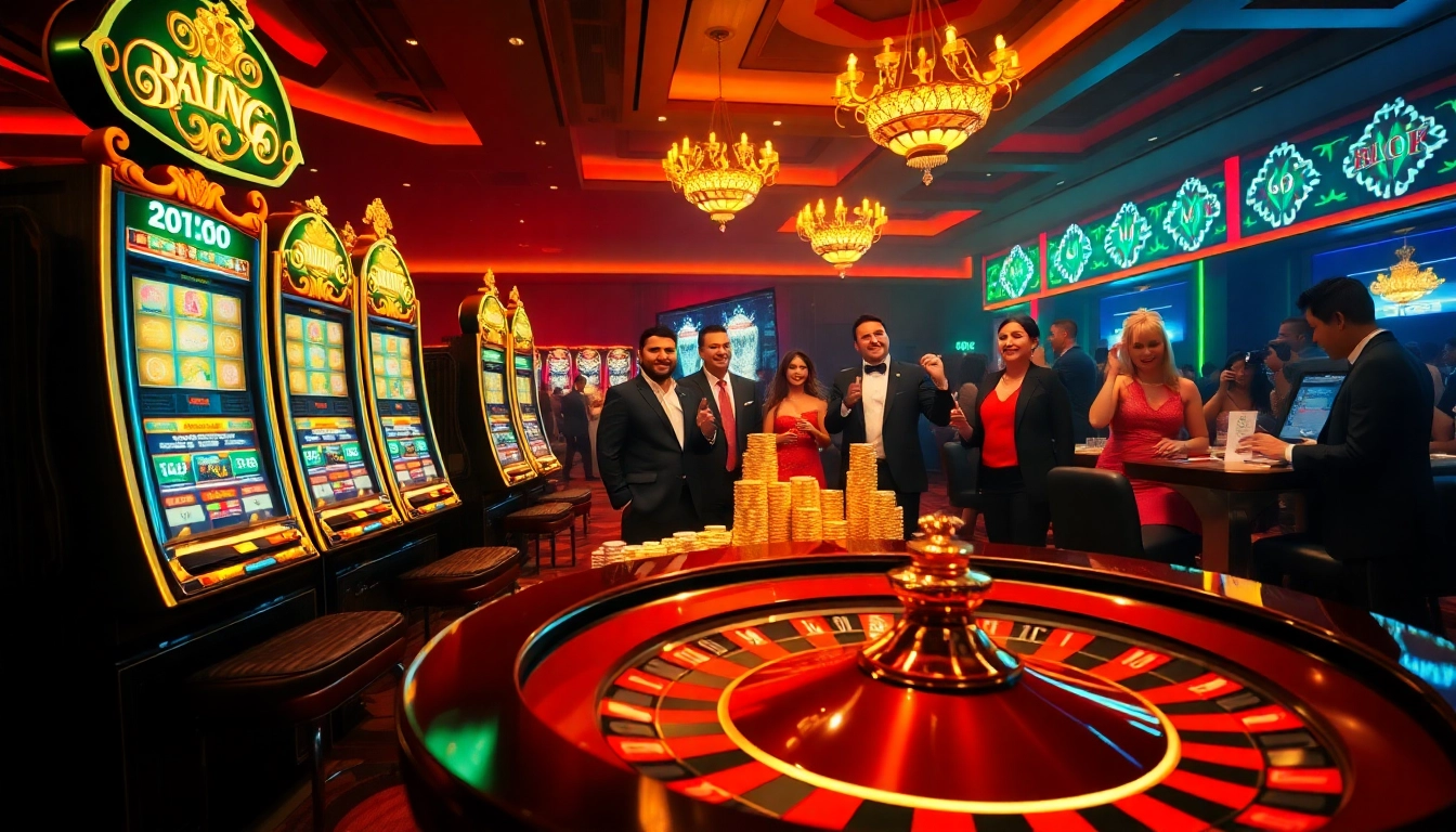 Players enjoying a slot machine win at the casino, highlighting raja barong in a vibrant gambling setting.