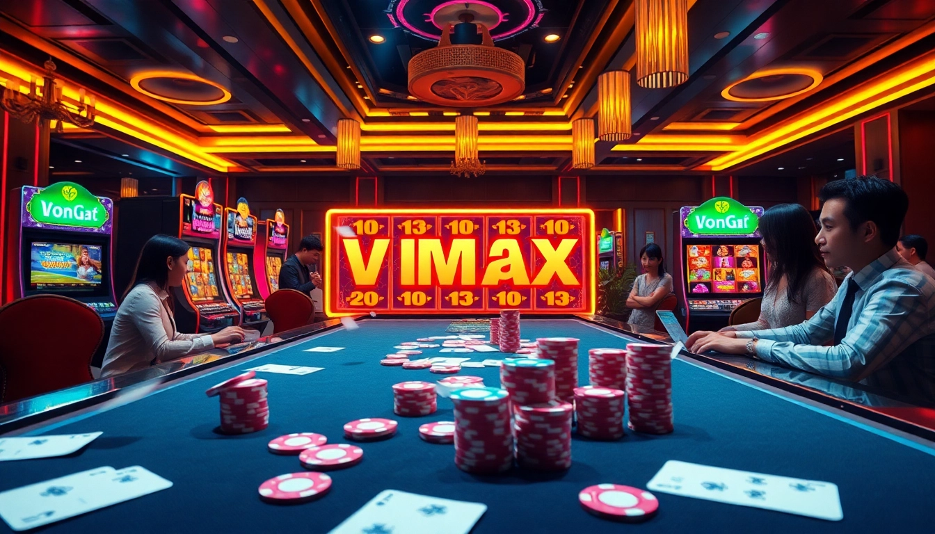 Engaging scene of Vmax nổ hũ game with vibrant slot machines and excited players