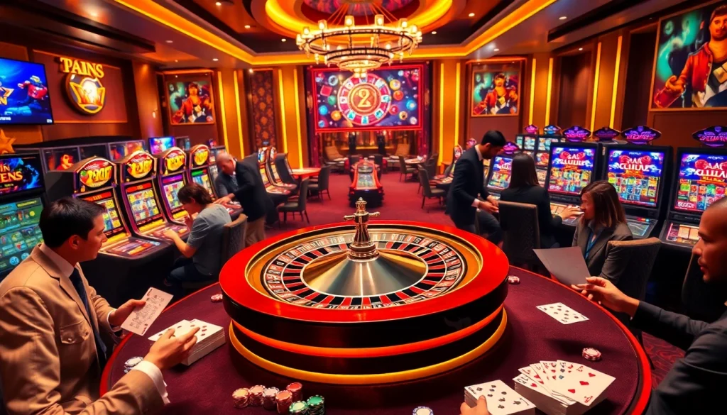 Engaging casino atmosphere with poker gameplay and vibrant slot machines featuring "Nếu như vậy bám vào đây."
