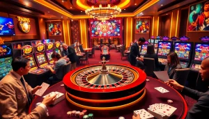 Engaging casino atmosphere with poker gameplay and vibrant slot machines featuring "Nếu như vậy bám vào đây."