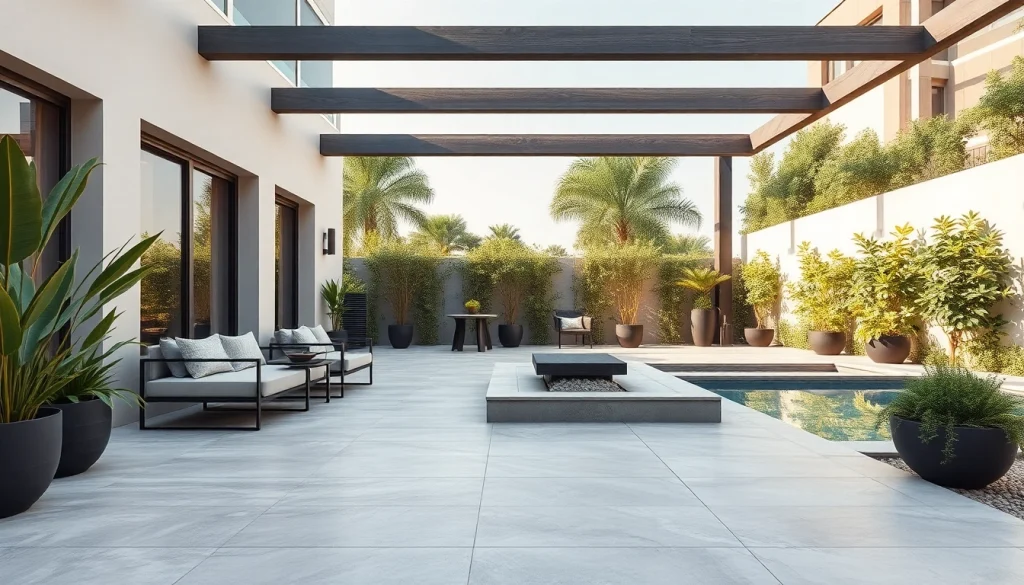 Patio extérieur élégant mettant en valeur le carrelage extérieur pour des maisons modernes.