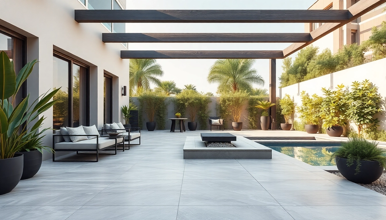 Patio extérieur élégant mettant en valeur le carrelage extérieur pour des maisons modernes.