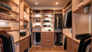 Closets featuring custom shelving and stylish organization solutions designed for functionality.
