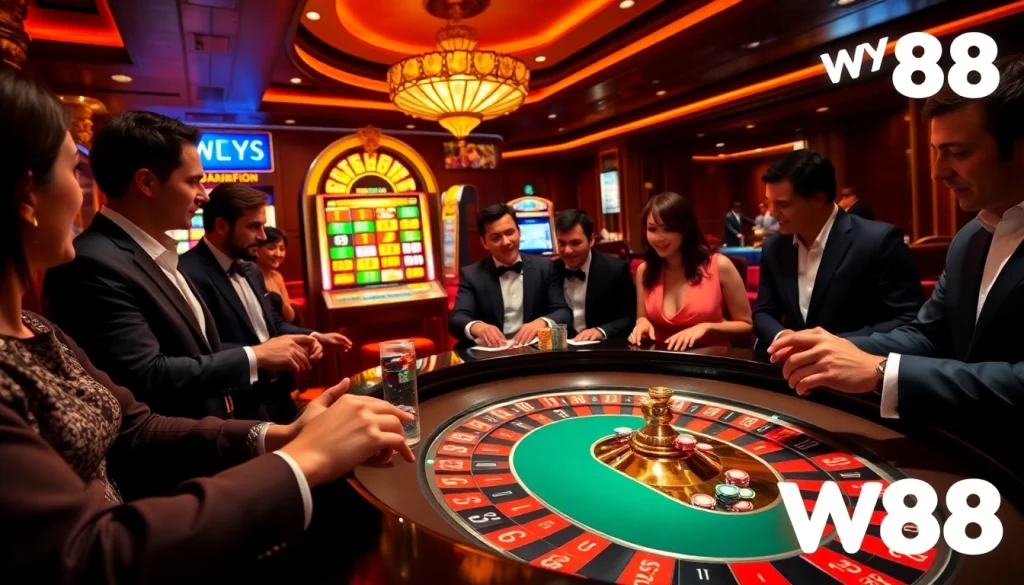 Players enjoying a thrilling game of poker at W88 casino, showcasing excitement and luxury.