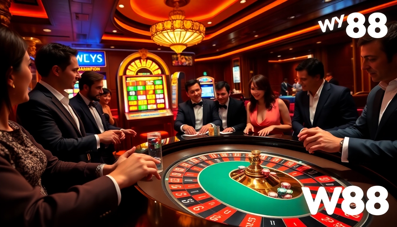 Players enjoying a thrilling game of poker at W88 casino, showcasing excitement and luxury.