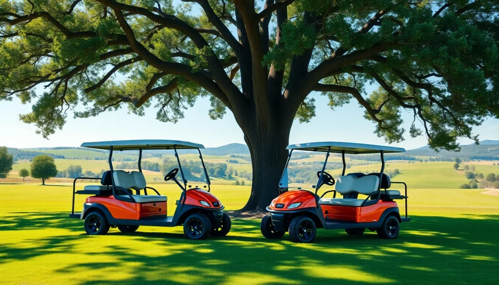 Experience epic golf carts parked on a sunlit golf course, highlighting stunning designs.