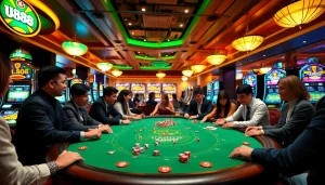Engage in thrilling gameplay at U888's vibrant poker table surrounded by casino excitement.
