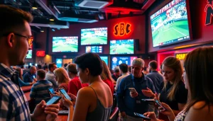 Engaged patrons betting on sports betting in Texas at a vibrant sports bar setting.
