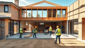 House extension construction site in Melbourne featuring modern design elements and workers framing a new living area.