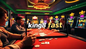 A vibrant casino scene showcasing king88 fast poker action at a high-stakes table amidst slot machines.