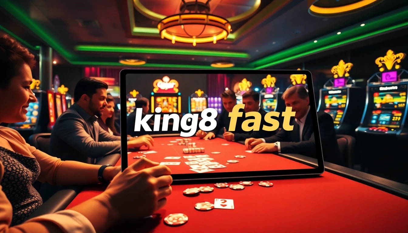 A vibrant casino scene showcasing king88 fast poker action at a high-stakes table amidst slot machines.
