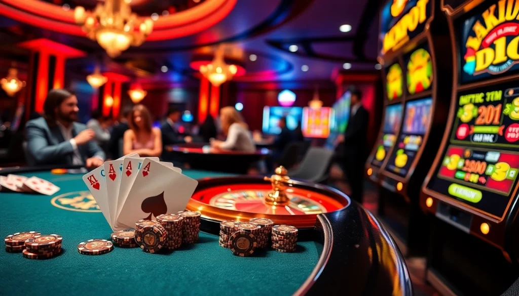 Experience thrilling gameplay at https://kkwin.diy/ with vibrant casino scenes featuring poker and roulette.