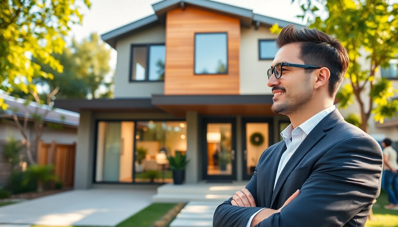 View of a real estate agent presenting a modern home in a lively neighborhood.
