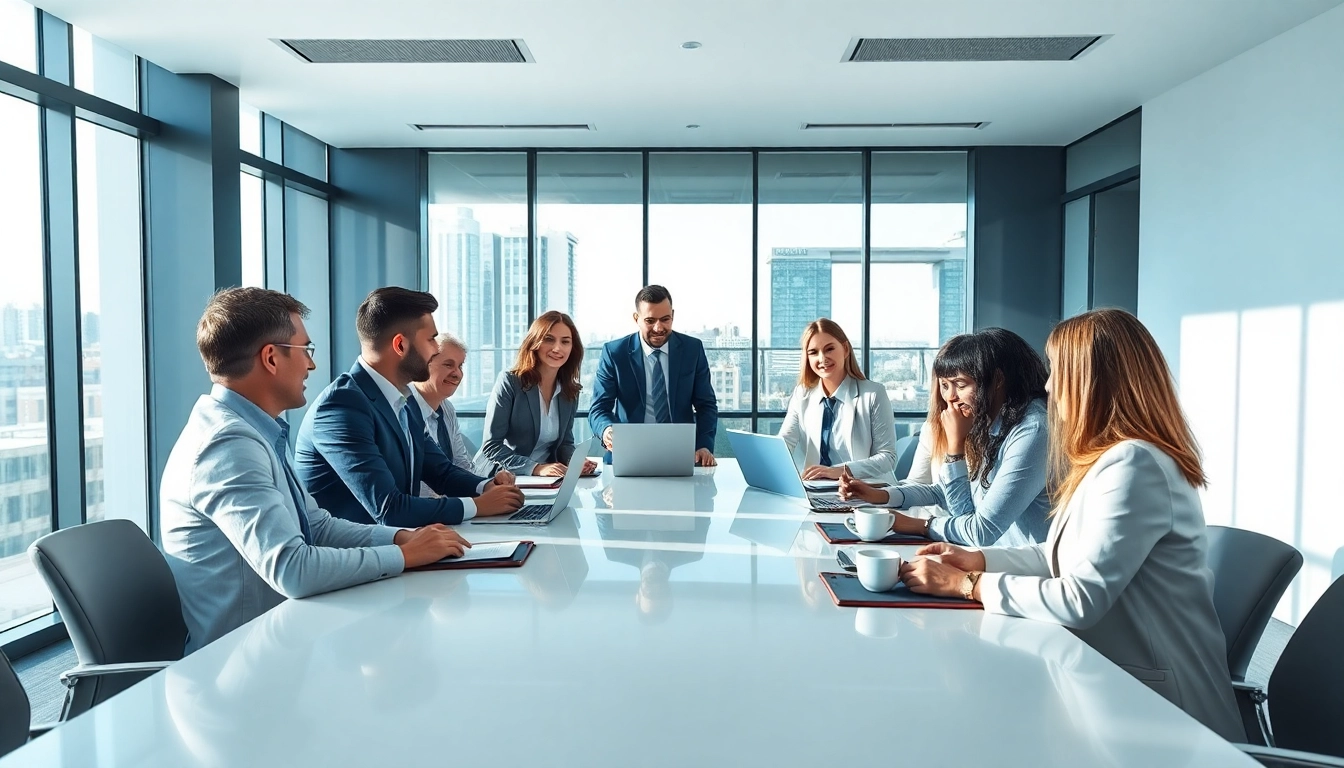 Business professionals collaborating in a modern office setting during a productive meeting.