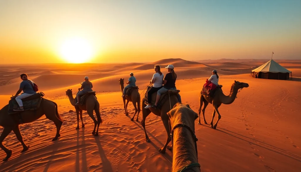 Capture the essence of Camel ride Marrakech at sunset amidst golden dunes and riders enjoying the adventure.