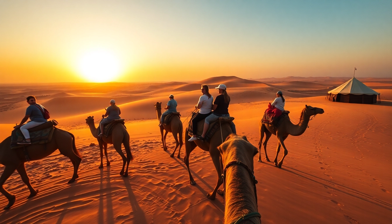 Capture the essence of Camel ride Marrakech at sunset amidst golden dunes and riders enjoying the adventure.