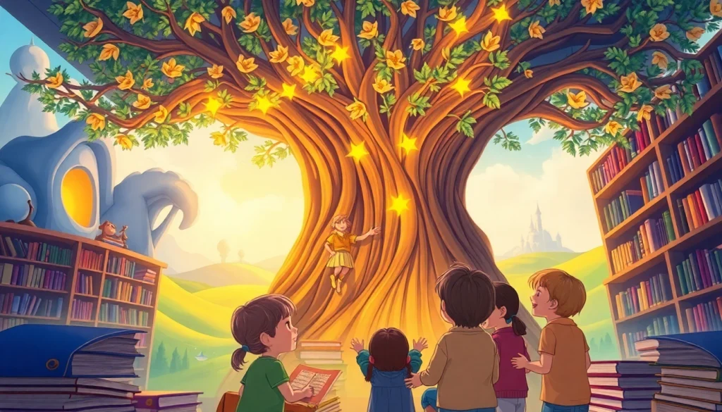 Capture the essence of storytelling at https://csduncanbooks.com with children engaged around a library tree.