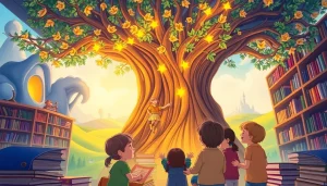 Capture the essence of storytelling at https://csduncanbooks.com with children engaged around a library tree.