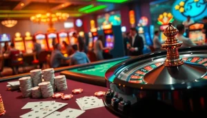 Exciting gaming action at a casino table highlighting https://www.god345.co/ with vibrant poker chips and cards.