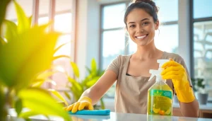 Showcasing a cleaning service professional using eco-friendly products in a bright, modern home.