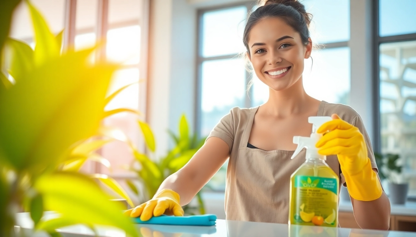 Showcasing a cleaning service professional using eco-friendly products in a bright, modern home.