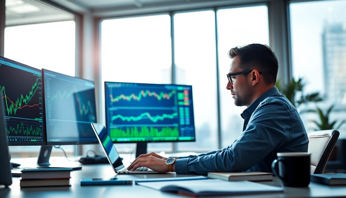 Trader analyzing hotforex mt4 data on dual monitors in a bright office.
