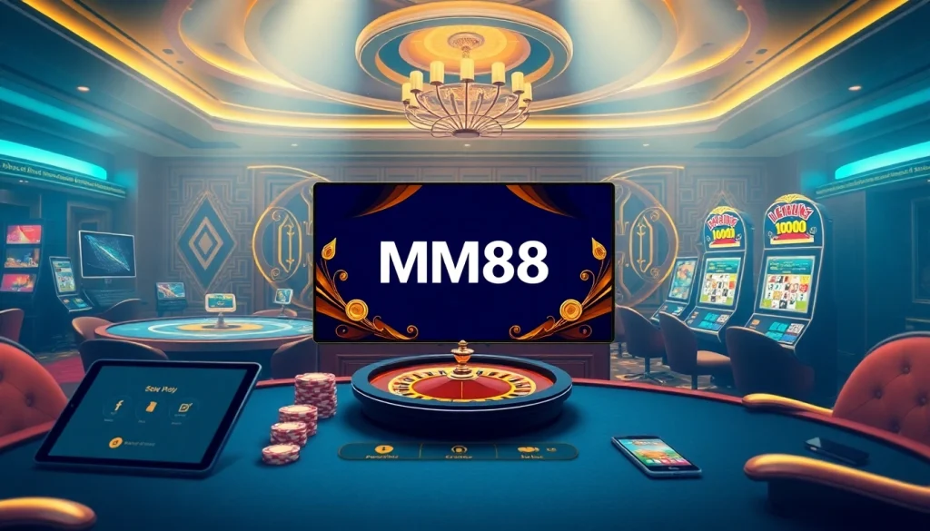 Experience the excitement of Trang chủ MM88 with vibrant online gaming scenes featuring casino tables and slot machines.