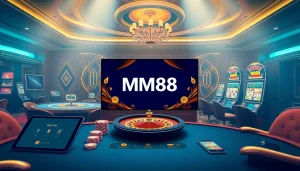 Experience the excitement of Trang chủ MM88 with vibrant online gaming scenes featuring casino tables and slot machines.