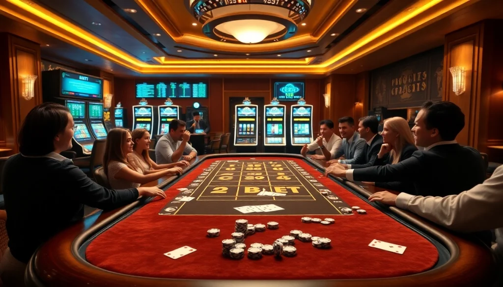 Experience the thrill of F8 BET in a luxurious casino setting with gaming tables and vibrant atmosphere.