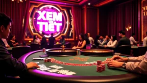 Xem chi tiết vibrant casino scene with elegant poker table, roulette wheel, and excited players.