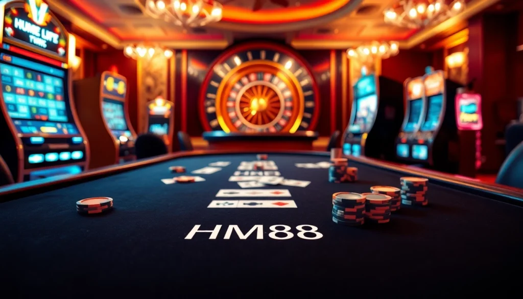 Engage in high-stakes gameplay at HM88 with luxurious poker tables and vibrant slot machines.