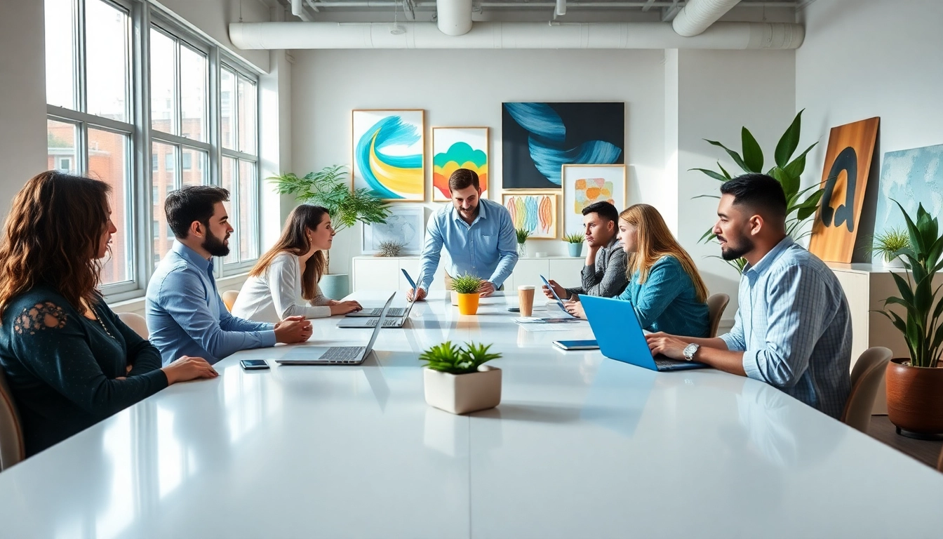 Team members brainstorming in a dynamic creative agency workspace