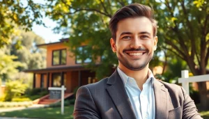 Real Estate agent presenting a stunning property in a welcoming neighborhood.