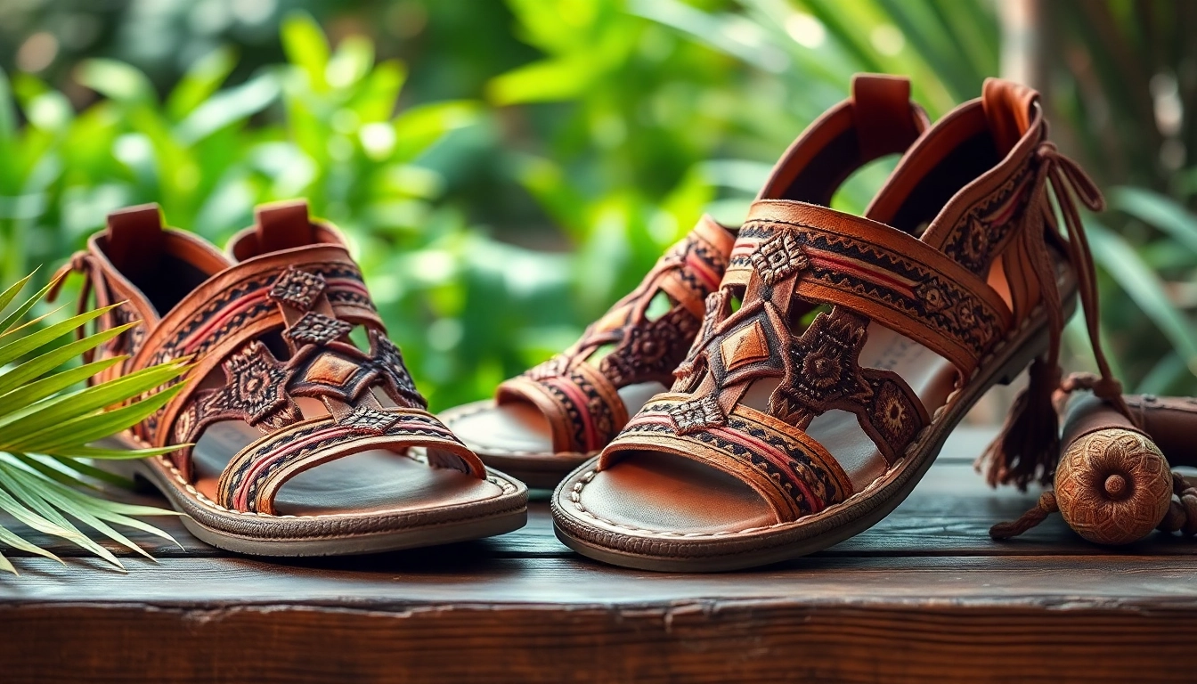 Découvrez les sandales huarachepaschers.fr exposées sur une table rustique en bois, mettant en valeur leurs motifs élaborés.